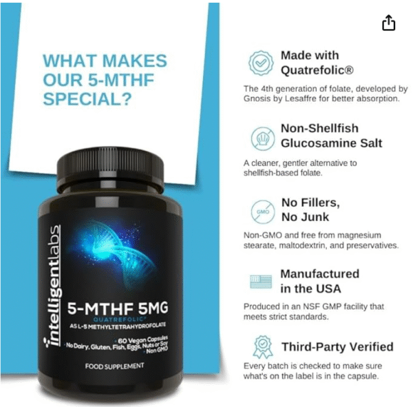 5MG L-5 MTHF by Intelligent Labs, L-5 Methylfolate Activated Folic Acid Supplement as Quatrefolic Acid, Activated Folate - Image 3