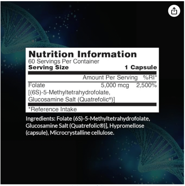 5MG L-5 MTHF by Intelligent Labs, L-5 Methylfolate Activated Folic Acid Supplement as Quatrefolic Acid, Activated Folate - Image 2