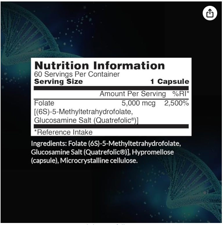 5MG L-5 MTHF by Intelligent Labs, L-5 Methylfolate Activated Folic Acid Supplement as Quatrefolic Acid, Activated Folate