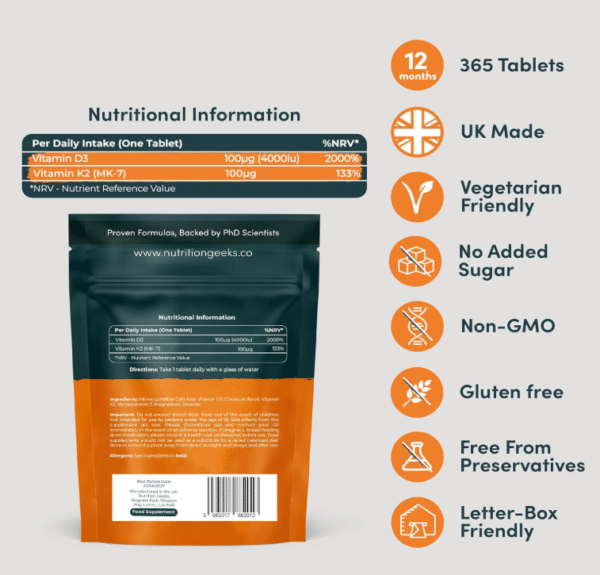 Vitamin D3 4000 iu & Vitamin K2 MK7 100μg - 1 Year Supply, 365 Easy-Swallow Vitamin D3 K2 Tablets, 1-A-Day High Strength Vegetarian D3 and K2 Vitamin Supplements, UK Made Vitamin D Tablets - Image 5