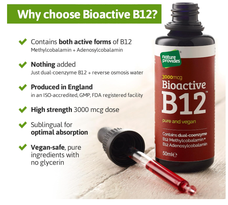 Vitamin B12 Liquid Drops (3000 mcg) Made in UK by Nature Provides – Methylcobalamin + Adenosylcobalamin (50ml), High Strength, Bioactive, Vegan, Energy & Sleep Support, Sublingual, Like B12 injections