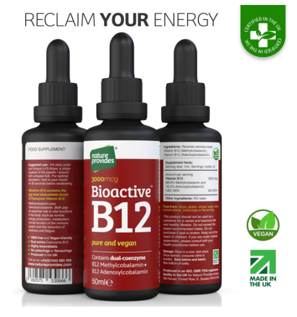 Vitamin B12 Liquid Drops (3000 mcg) Made in UK by Nature Provides - Methylcobalamin + Adenosylcobalamin (50ml), High Strength, Bioactive, Vegan, Energy & Sleep Support, Sublingual, Like B12 injections - Image 8