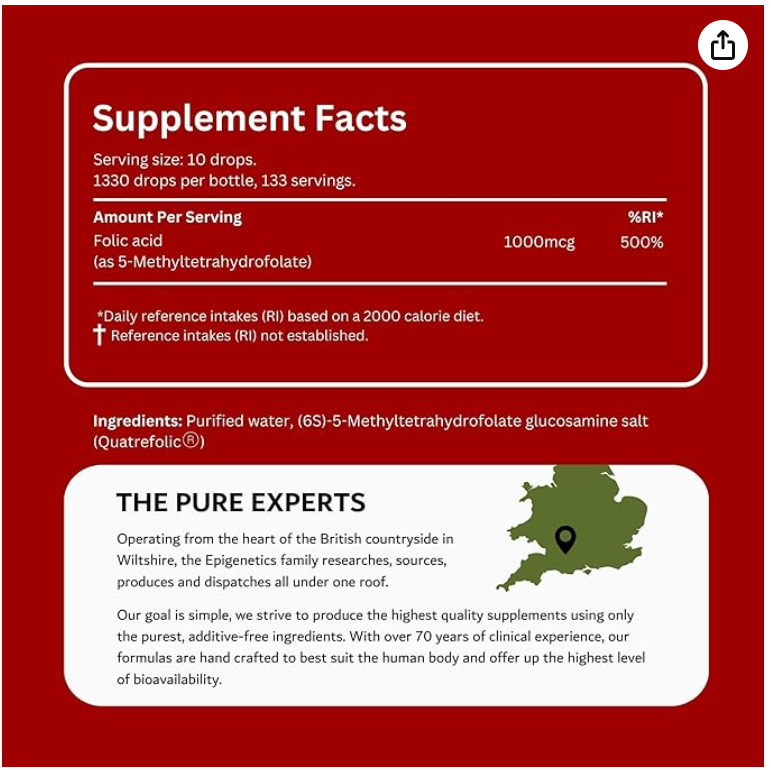 5-MTHF 100ml | High Strength Folate as 5-Methyltetrahydrofolate Vitamin B9 Liquid Drops 1000mcg | Methylfolate Made in UK & Vegan Friendly | Over 4 Months Supply