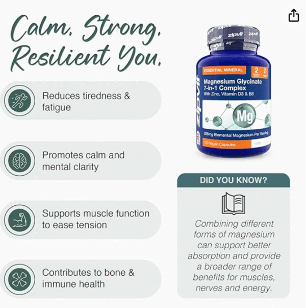 Zipvit Magnesium Glycinate 7-in-1 Complex, 1800mg with 388mg Elemental, High Absorption with Bisglycinate, Malate, Citrate, Oxide, Plus Vitamin D3, B6 & Zinc, 120 Capsules, Vegan Magnesium Supplements - Image 2
