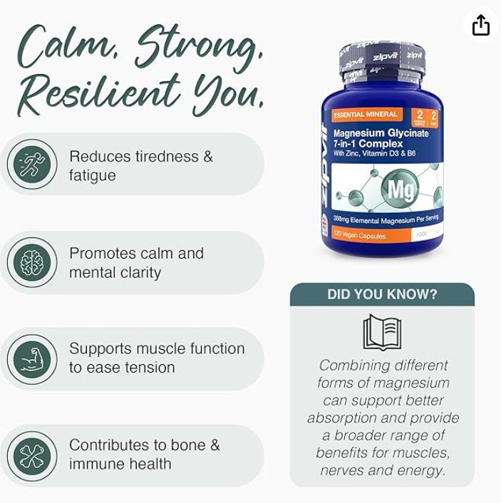 Zipvit Magnesium Glycinate 7-in-1 Complex, 1800mg with 388mg Elemental, High Absorption with Bisglycinate, Malate, Citrate, Oxide, Plus Vitamin D3, B6 & Zinc, 120 Capsules, Vegan Magnesium Supplements